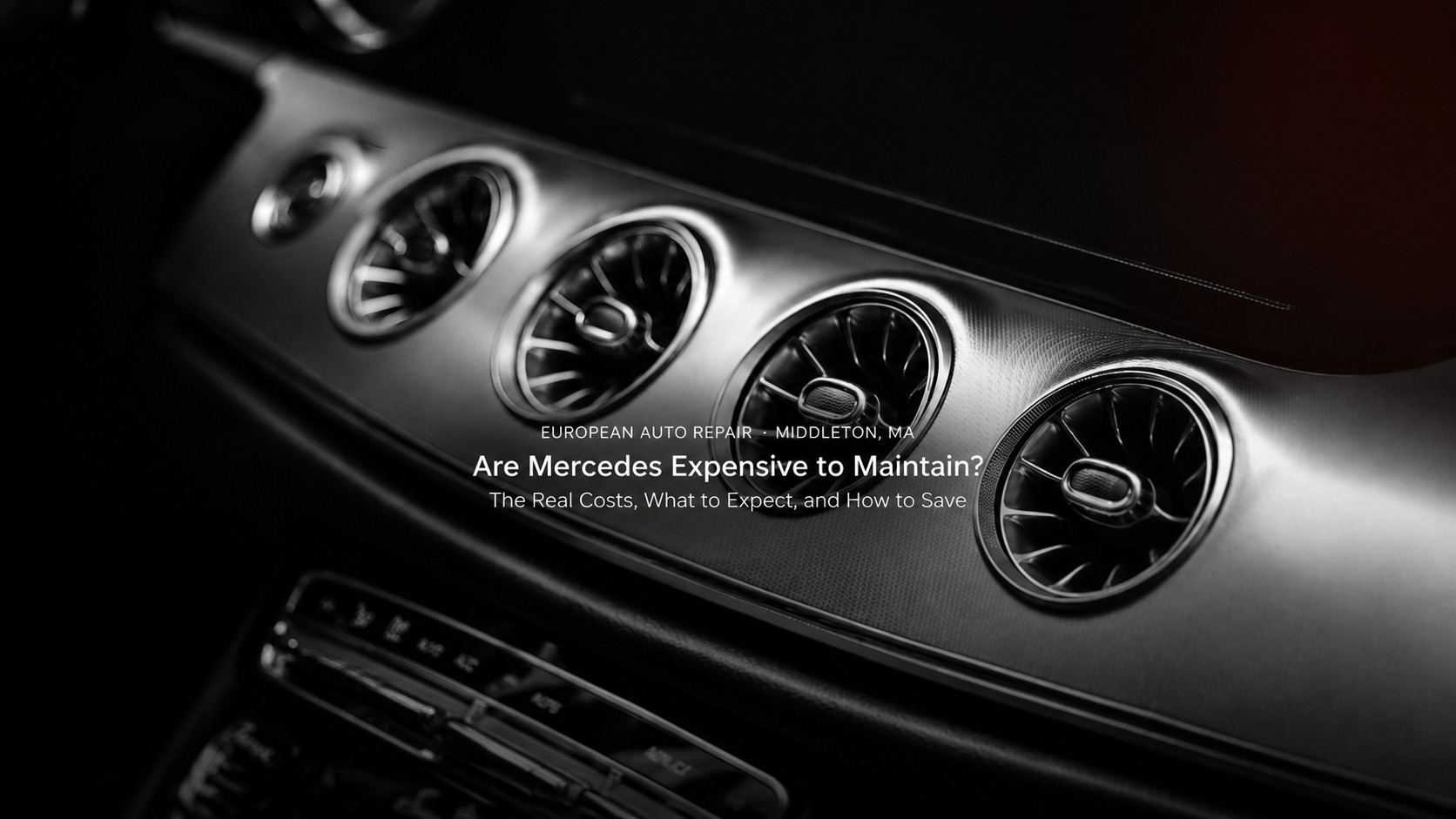 Close-up view of a Mercedes-Benz car dashboard with circular air vents and text discussing the maintenance costs of Mercedes vehicles.