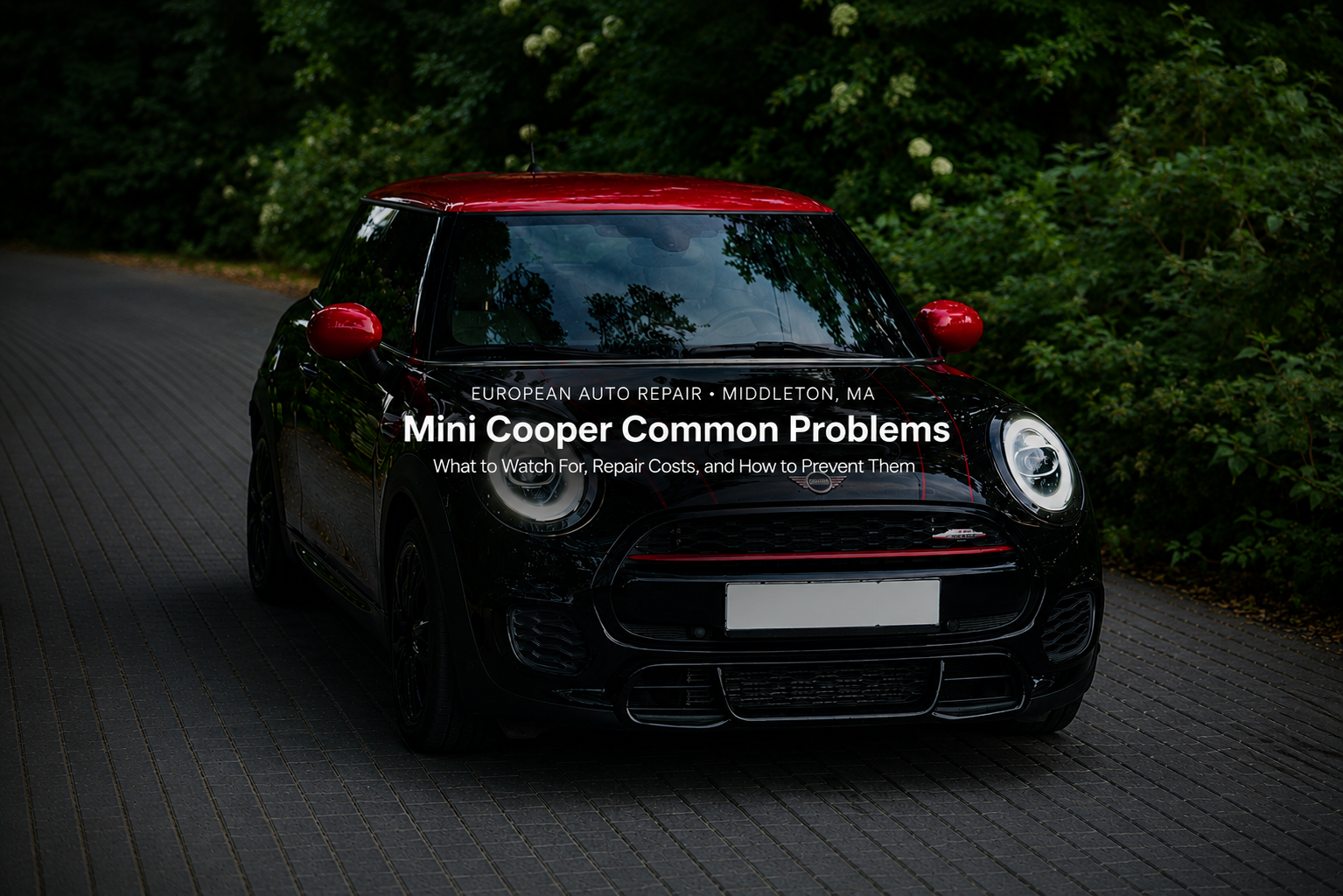 A black Mini Cooper with red side mirrors and roof is parked on a paved road beside greenery; text overlay discusses common Mini Cooper problems and repairs.